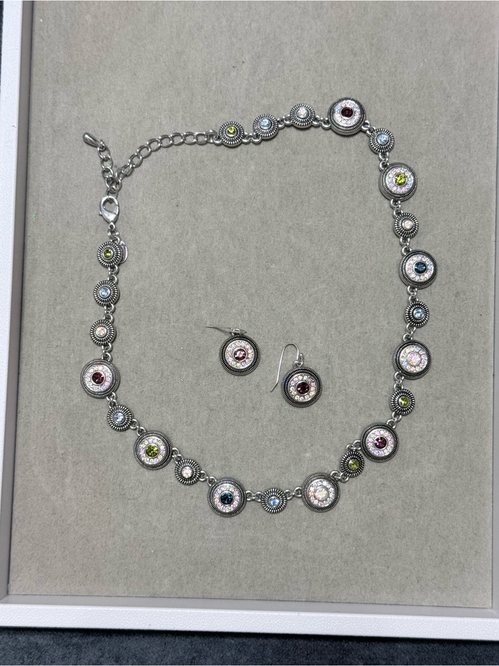 ‘Pretty Please’ multi-colored Crystal Necklace and Earrings Set Silver Tone